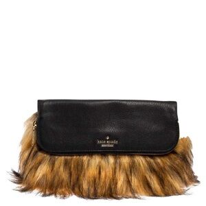 Kate Spade Evening Belles Steffe Clutch Bag Black Leather & Brown Faux Fur NWT